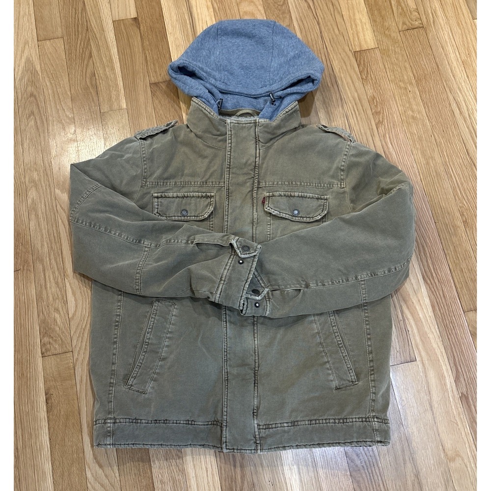 Levis Mens Jacket Brown Fleece Lined Grey Hoodie Lined Trucker Coat Size Medium